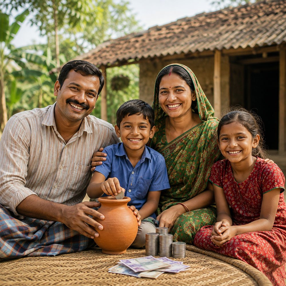 Happy family and community members benefiting from regular savings
