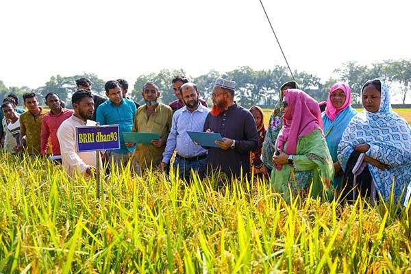 Bangladeshi community members meeting with a microfinance field officer to discuss financial services